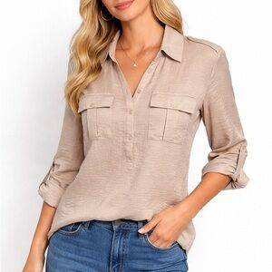 Wrangler Beige Button-Front Utility Blouse